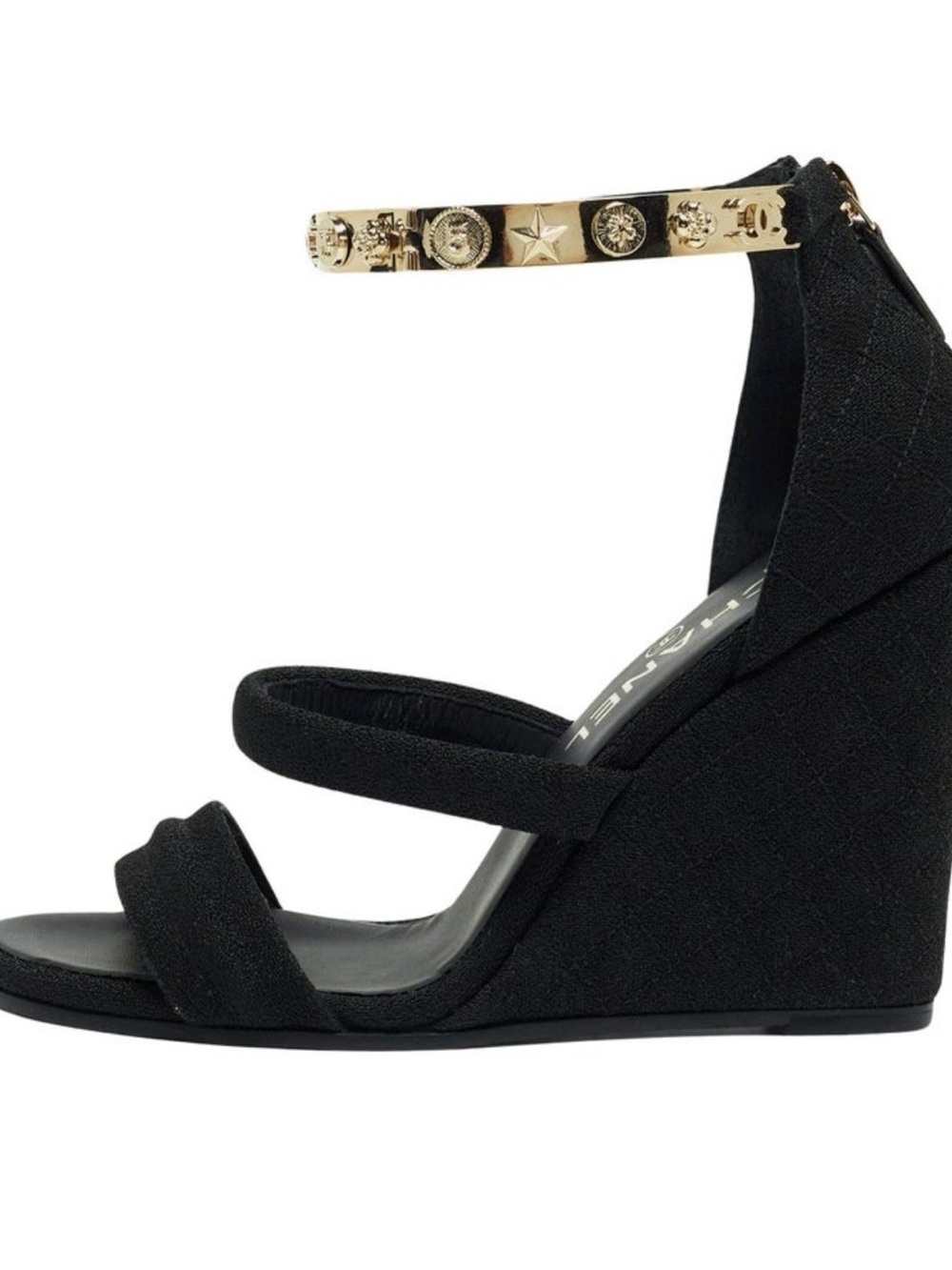 CHANEL Black Canvas Logo Lucky Charms Wedge Sandals - Picture 3 of 16